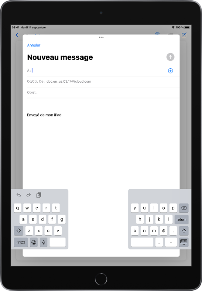 Un nouvel e-mail en cours de composition, avec le clavier dissocié et détaché du bas de l’écran de l’iPad.