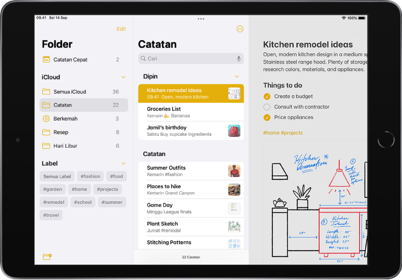 iPad dalam orientasi lanskap dengan app Catatan dibuka. Di sisi kiri layar, dari atas ke bawah, terdapat: Folder, iCloud, dan Label. Bidang pencarian berada di tengah atas layar diikuti dengan Dipin dan Catatan. Catatan dibuka di sisi kanan layar.