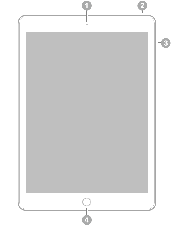 iPadの前面。上部中央の前面側カメラ、上部右側のトップボタン、右側の音量ボタン、下部中央のホームボタン/Touch IDが示されています。