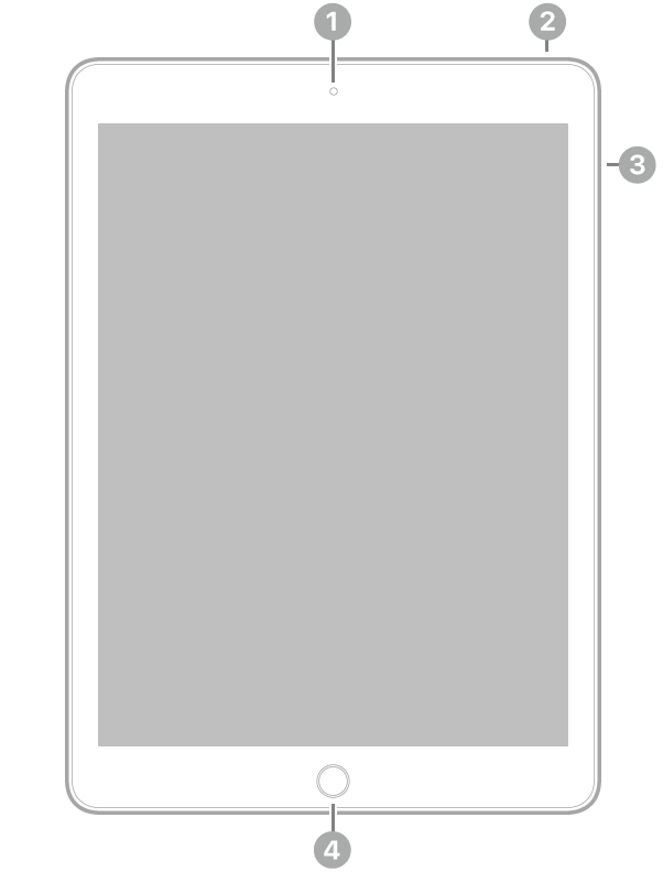 Visão frontal do iPad Air 2 com chamadas para a câmera frontal na parte superior central, o botão superior na parte superior direita, os botões de volume à direita e o botão de Início/Touch ID na parte inferior central.