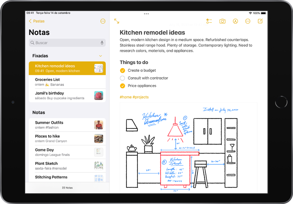 iPad na orientação horizontal mostrando o app Notas aberto. A lista notas aparece à esquerda, com a nota selecionada aberta à direita. Seta para voltar, no canto superior esquerdo da lista de notas, toque nela para ver pastas e contas. No canto superior direito da nota encontram-se os botões para adicionar uma checklist, adicionar uma foto ou escanear um documento, mostrar ferramentas de escrita manual e criar uma nova nota.