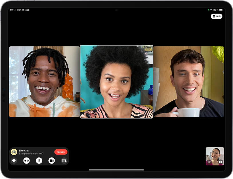 Un apel FaceTime de grup în aplicația FaceTime.