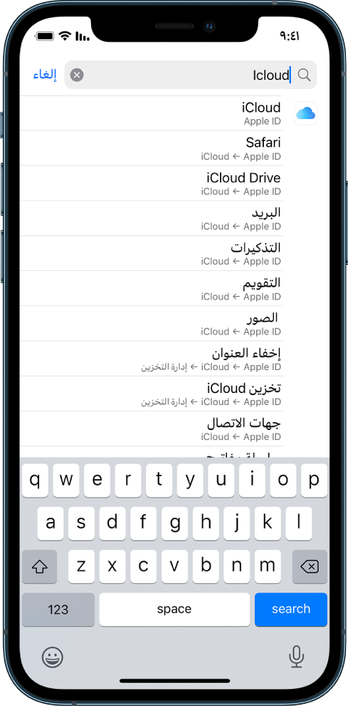 شاشة إعدادات البحث، ويظهر في أعلاها حقل البحث. مصطلح البحث "iCloud" ظاهر في حقل البحث، وتحته إعدادات البحث موجودة في القائمة.