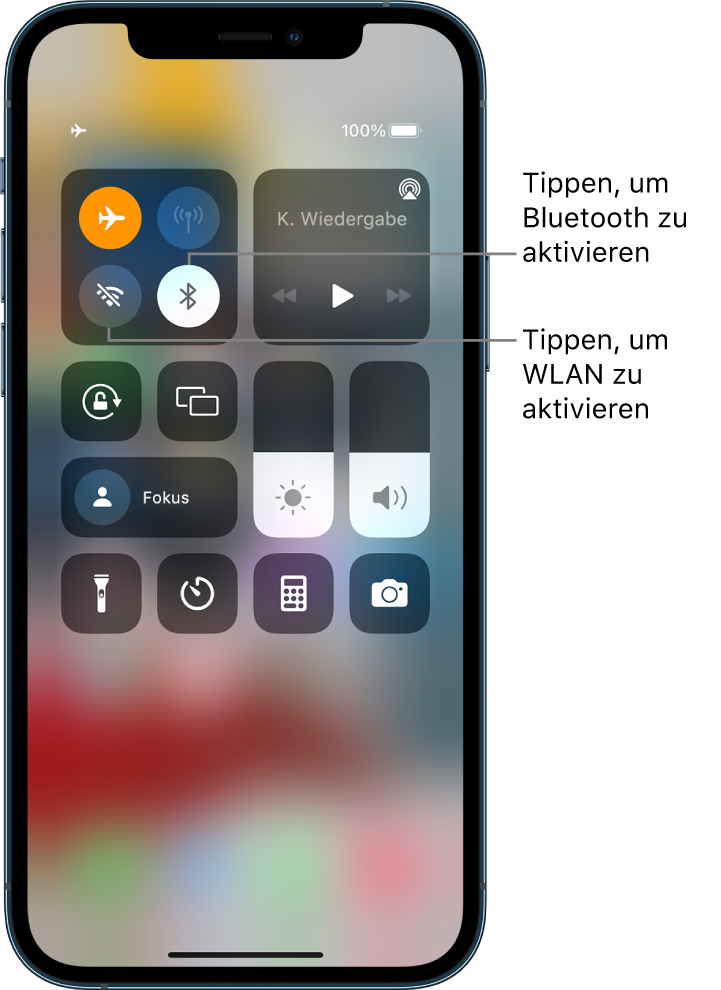 Kontrollzentrum mit aktiviertem Flugmodus. Die Tasten zum Aktivieren von „WLAN“ und „Bluetooth“ befinden links oben im Kontrollzentrum.