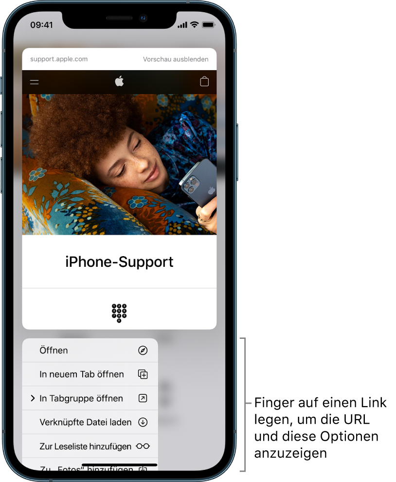 Eine Vorschau der Ziel-URL gefolgt von einer Liste mit möglichen Aktionen: „Öffnen“, „In neuem Tab öffnen“, „In Tabgruppe öffnen“, „Verknüpfte Datei laden“, „Zur Leseliste hinzufügen“ und „Zu ‚Fotos‘ hinzufügen“.