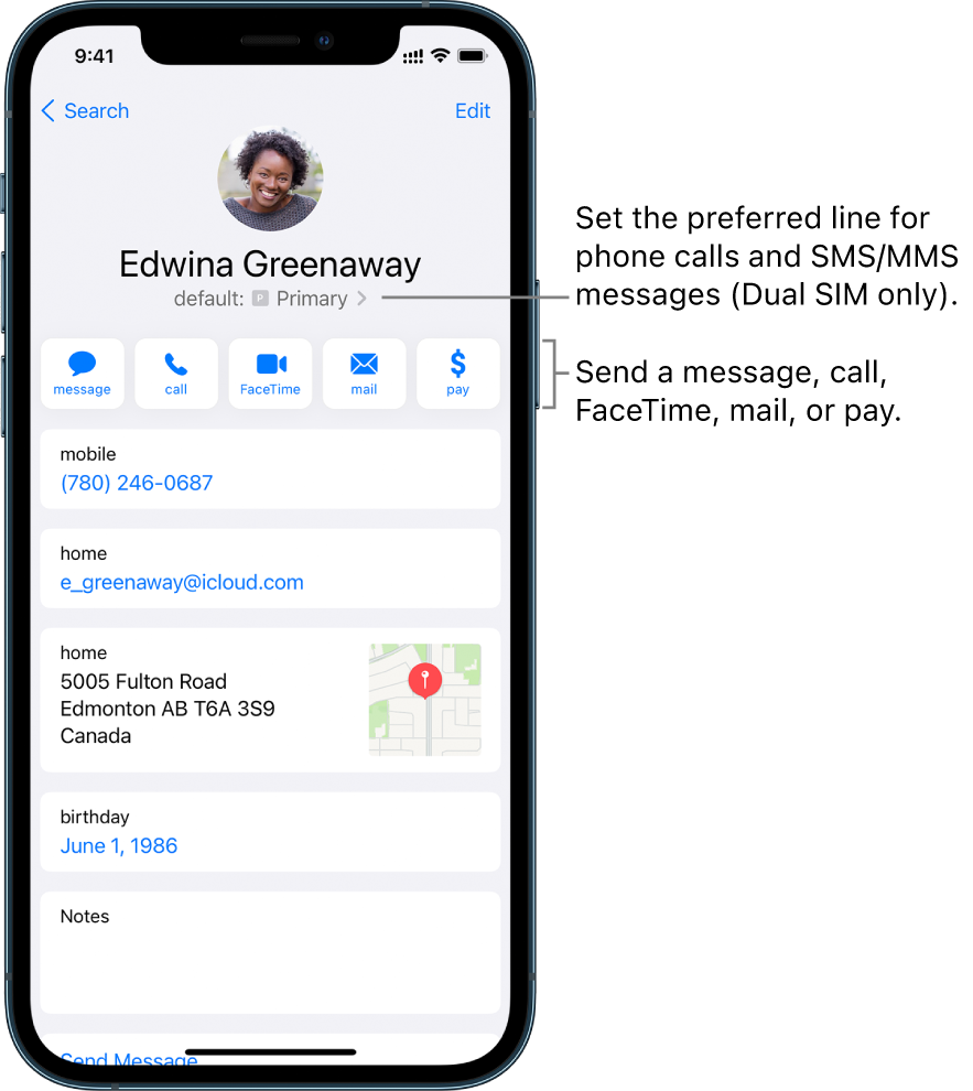 The info screen for a contact. At the top is the contact’s photo and name. Below are buttons for sending a message, making a phone call, making a FaceTime call, sending an email message, and sending money with Apple Pay. Below the buttons is the contact information.