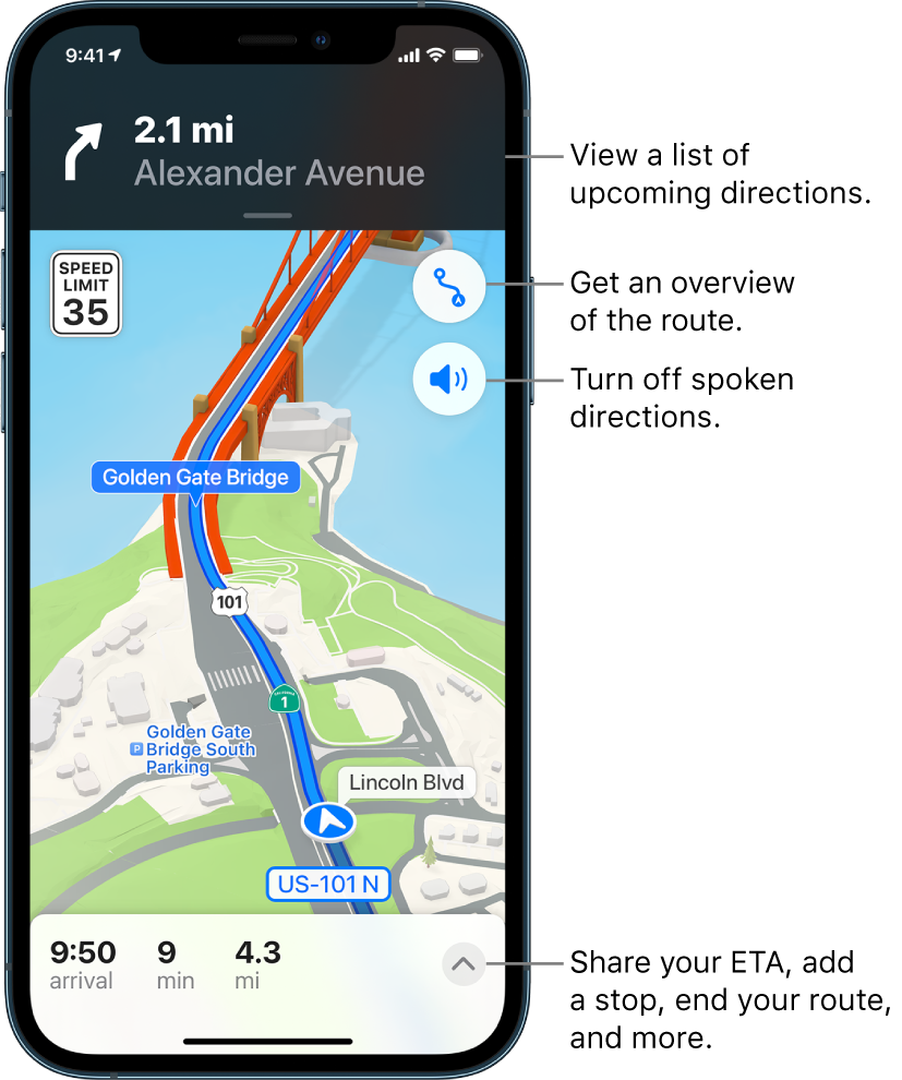 A map showing driving directions onto a bridge.