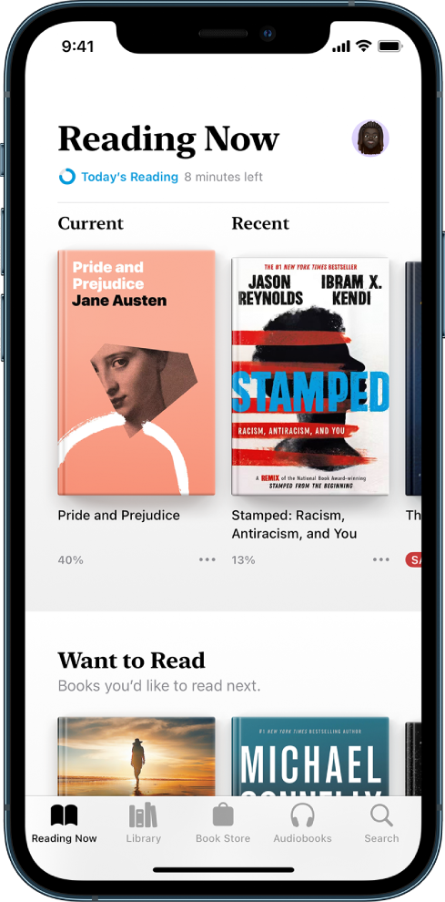 The Reading Now screen in the Books app. At the bottom of the screen are, from left to right, the Reading Now, Library, Book Store, Audiobooks and Search tabs.