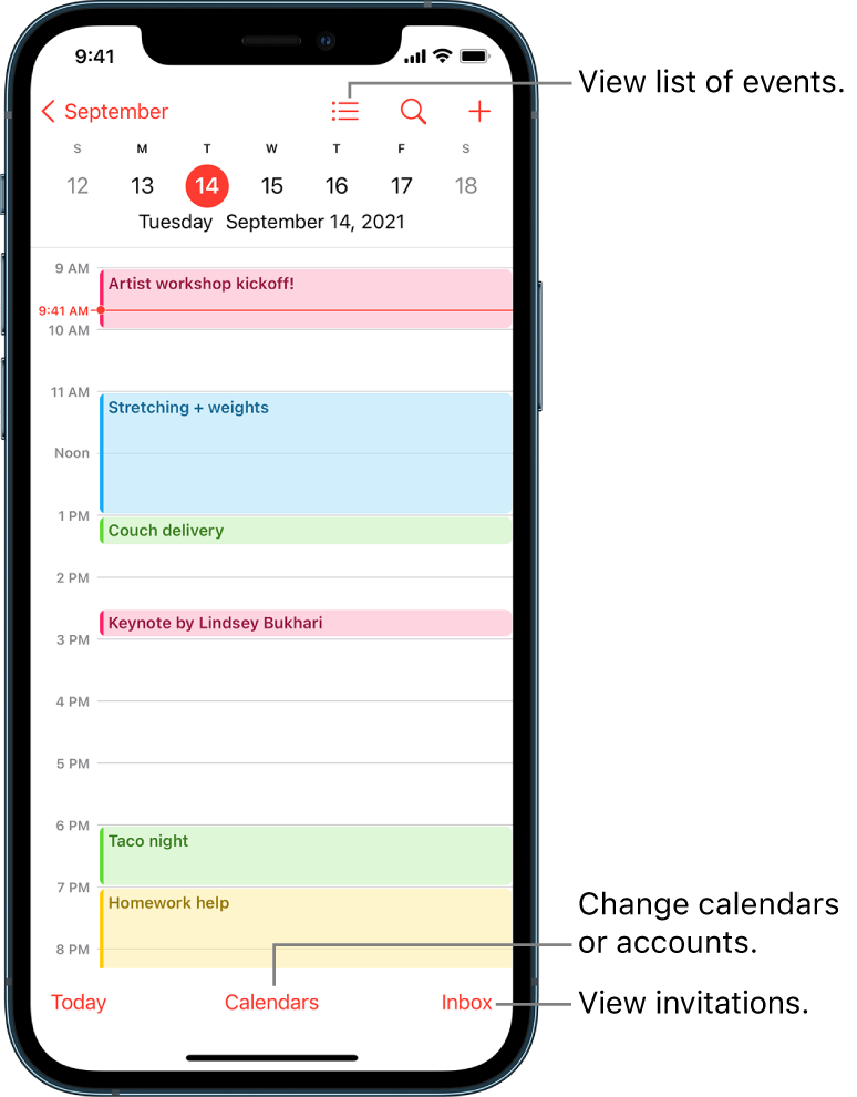 A calendar in day view showing the day’s events. The Calendars button at the bottom of the screen lets you change calendar accounts. The Inbox button at the bottom right lets you view invitations.