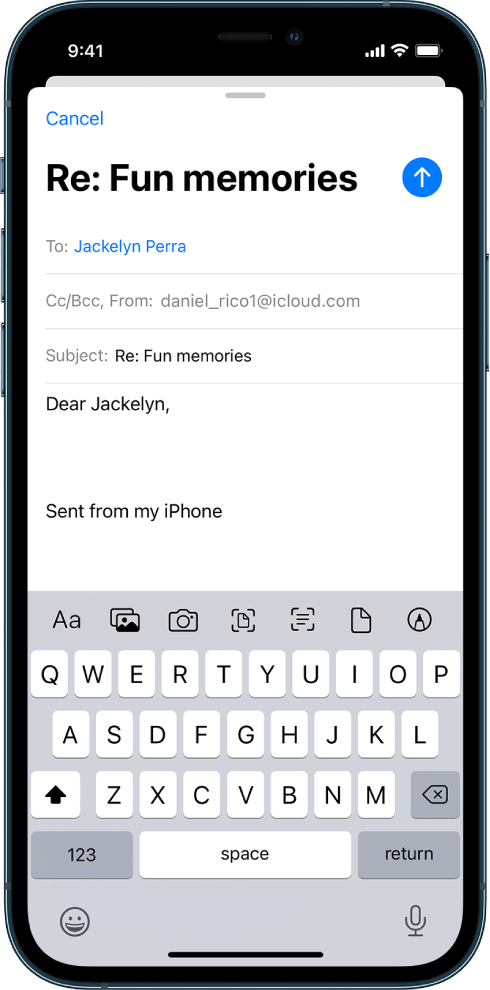 A draft email being composed with the attachment options visible across the middle of the screen. There are options for inserting text, inserting images, taking a photo, scanning live text, scanning a document, inserting a saved file, or drawing in the email.