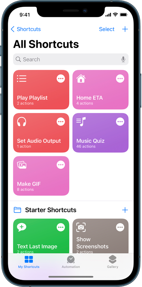 The My Shortcuts tab. A list of shortcuts to complete common everyday tasks such as setting a tea timer and finding a sushi restaurant. At the bottom are the Automation and Gallery tabs.