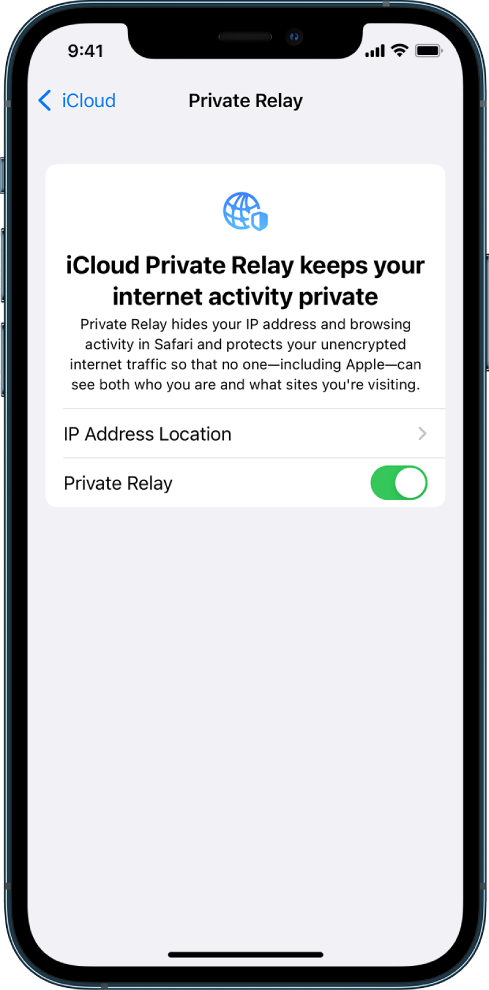 The Settings screen for turning Private Relay on or off.