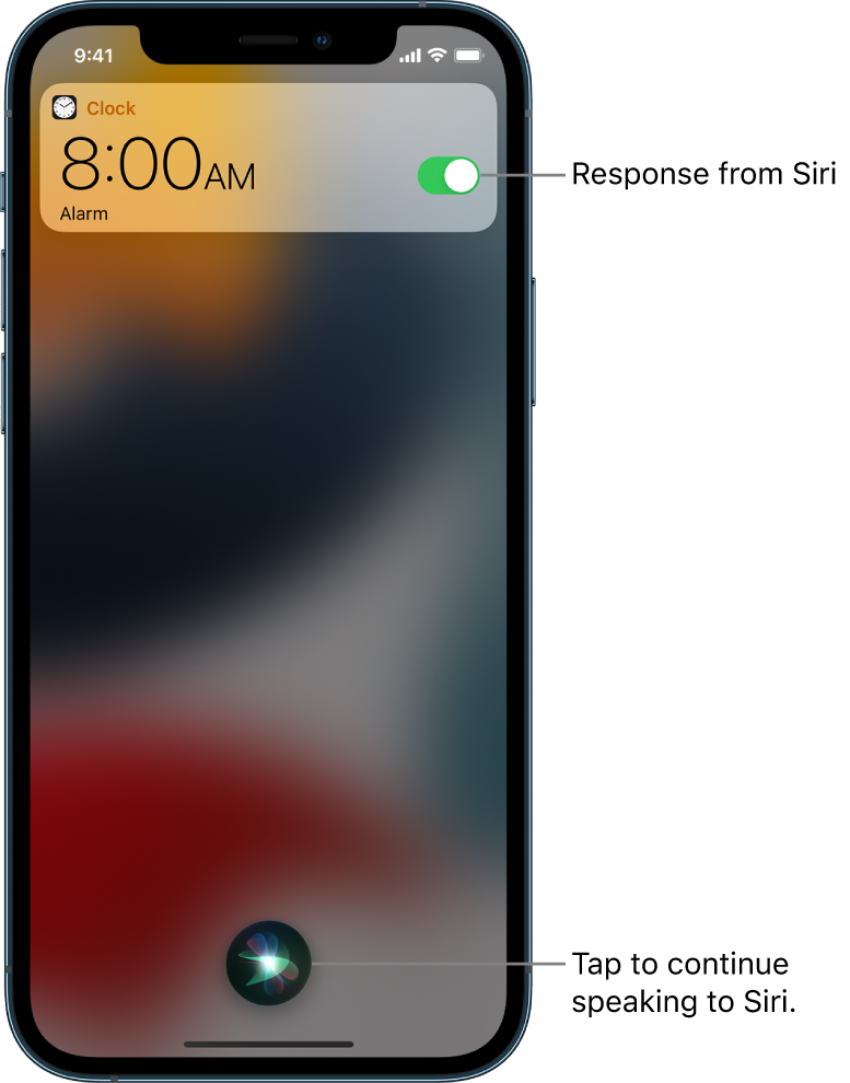 Siri on the Lock Screen. A notification from the Clock app shows that an alarm is turned on for 8:00 a.m. A button at the bottom center of the screen is used to continue speaking to Siri.