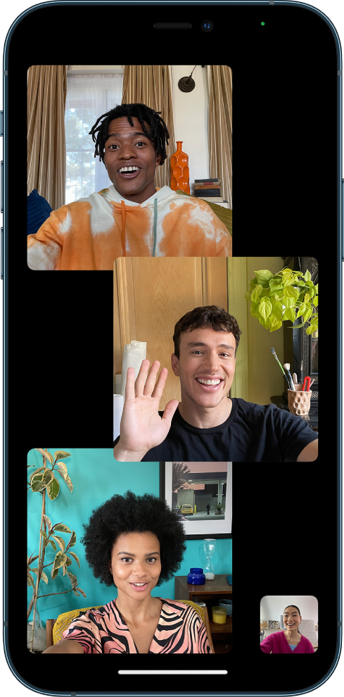 A Group FaceTime call with four participants; each participant appears in a separate tile.