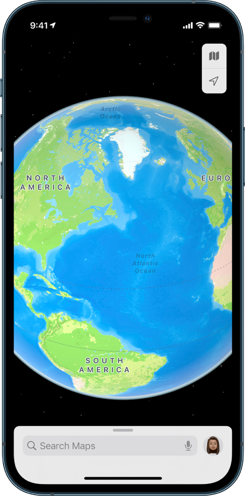 The earth represented as a globe from space. Labels identify three continents and two oceans.