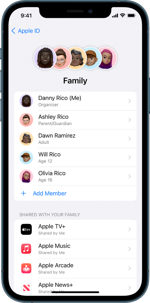 The Family Sharing screen in Settings. Five family members are listed and 4 subscriptions are shared with the family.