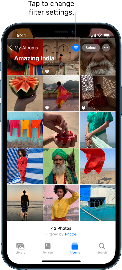 The Albums button is selected at the bottom of the screen and a photo album is open. In the top right of the screen, the Filter button is selected. Filtered photos fill the screen and below the photos there is text that reads: 42 Photos, filtered by Photos.