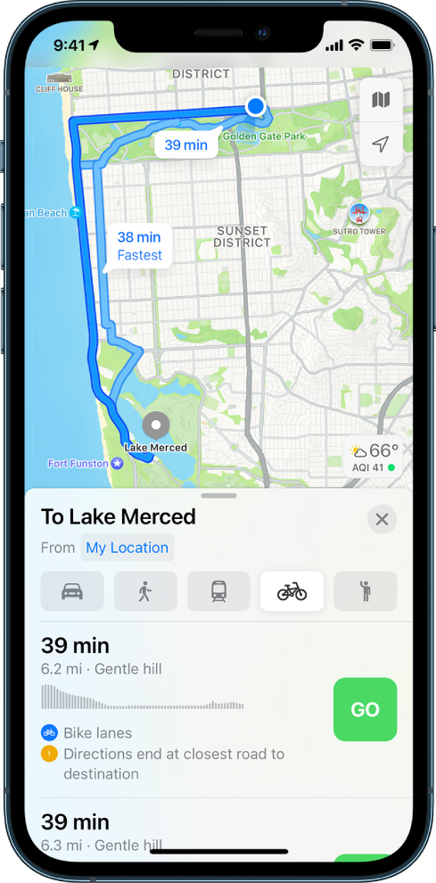 A map showing two cycling routes. The route card at the bottom provides details for the first route, including estimated time, elevation changes, and the types of roads. A Go button appears next to the route description.