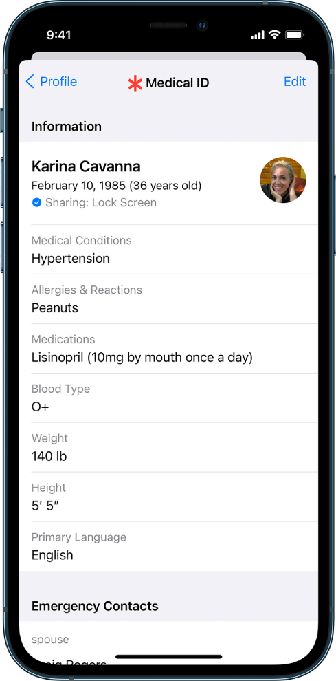 A Medical ID screen containing information including birth date, medical conditions, medications, and an emergency contact.