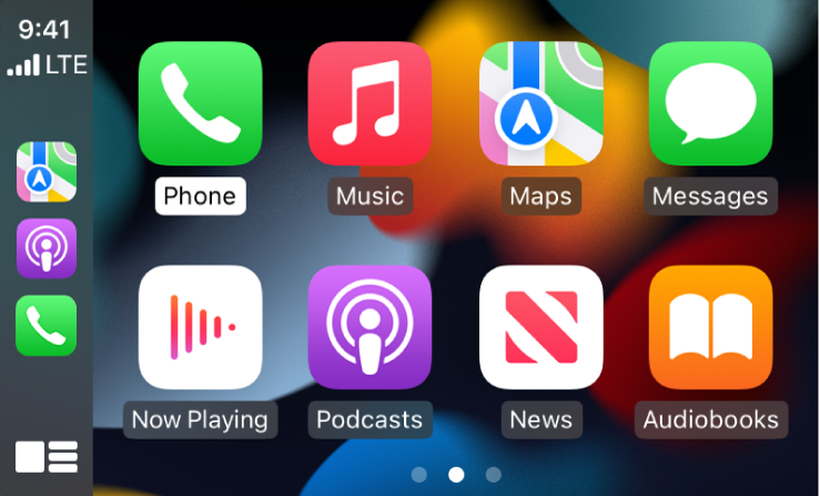 CarPlay Home showing icons for Phone, Music, Maps, Messages, Now Playing, Podcasts, Audiobooks, and Calendar.