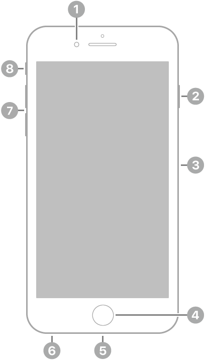 The front view of iPhone 6s Plus. The front camera is at the top, to the left of the speaker. On the right side, from top to bottom, are the side button and the SIM tray. The Home button is at the bottom center. On the bottom edge, from right to left, are the Lightning connector and headphone jack. On the left side, from bottom to top, are the volume buttons and the ring/silent switch.