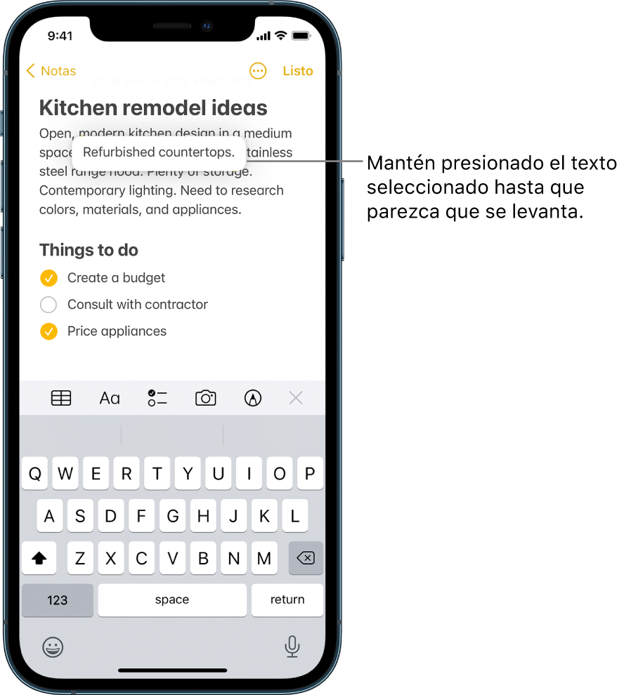 En la nota en la app Notas, una frase seleccionada parece levantarse como resultado de mantener presionada la selección.
