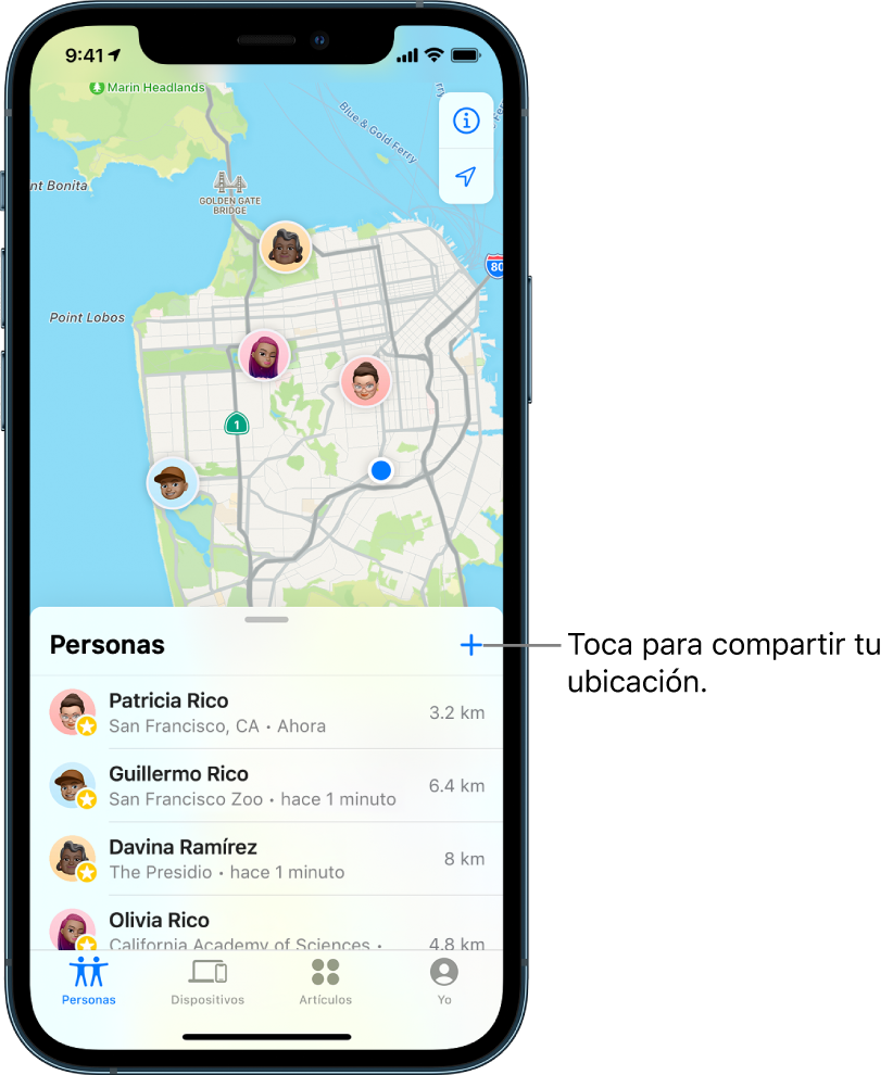 La pantalla Encontrar abierta mostrando la lista Personas. Se muestran cuatro personas en la lista: Abigail Real, Lalo Real, Daniel Ramírez y Olivia Real. Toca el botón Agregar arriba de la lista Personas para compartir tu ubicación.