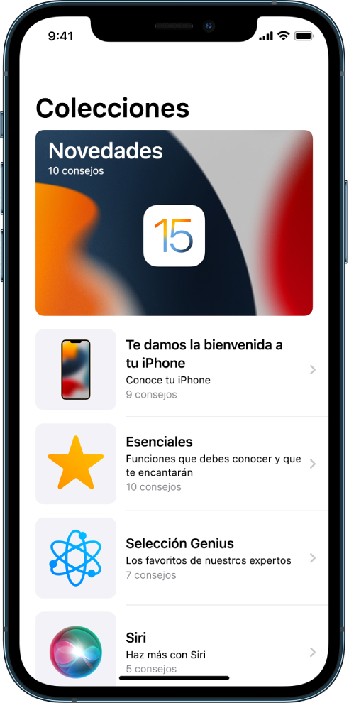 Una pantalla mostrando colecciones de Consejos con flechas que indican que puedes tocar una colección para ver consejos.