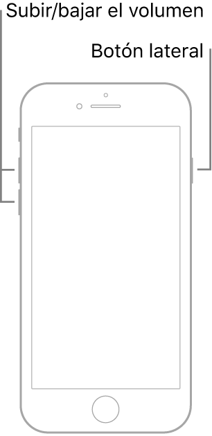 Una ilustración de un modelo de iPhone boca arriba que cuenta con botón de inicio. Los botones para subir y bajar el volumen se encuentran en el lado izquierdo, y el botón lateral está en el lado derecho.