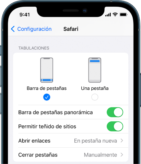 Una pantalla mostrando dos opciones de disposición de Safari: Barra de pestañas y Una pestaña.
