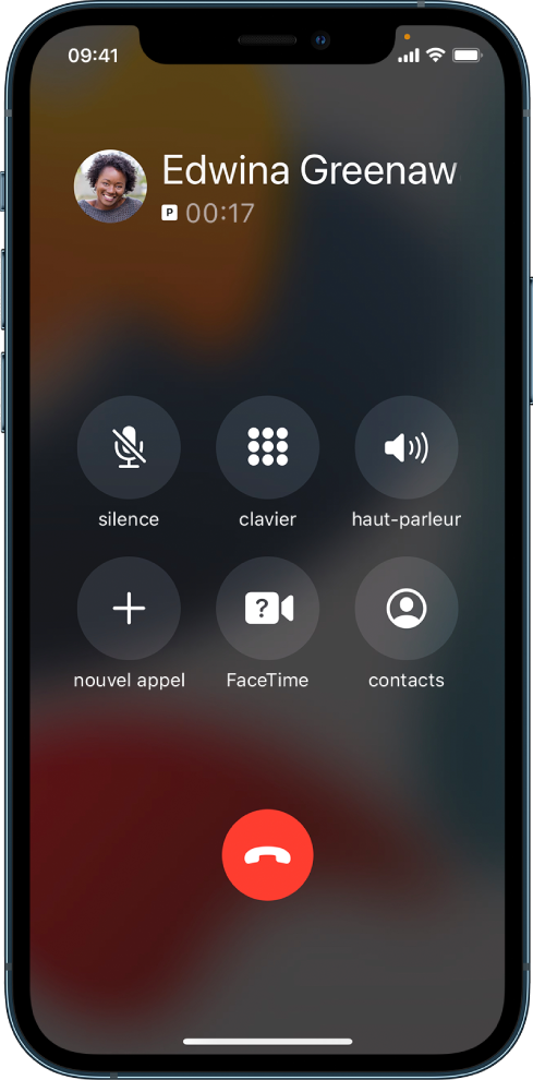 L’écran du téléphone affichant les boutons des options en cours d’appel téléphonique. Dans le rang du haut, de gauche à droite se trouvent les boutons silence, clavier et haut-parleur. Dans le rang du bas, de gauche à droite, se trouvent les boutons nouvel appel, FaceTime et contacts.