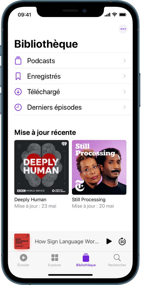 L’onglet Bibliothèque affichant les podcasts récemment suivis.