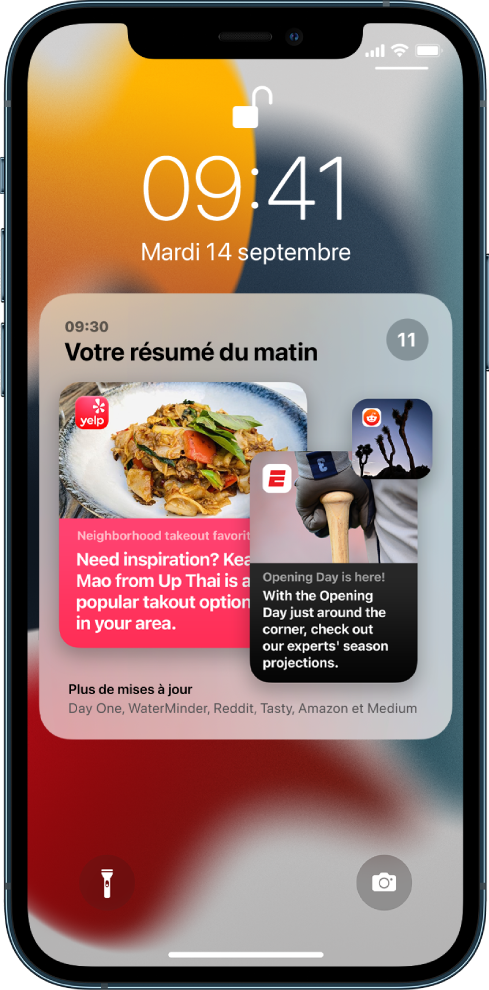 Un résumé des notifications reçues pendant qu’un résumé programmé était activé dans les réglages Notifications. Ces notifications ont été stockées dans le centre de notifications, jusqu’à l’heure de fin du résumé programmé.