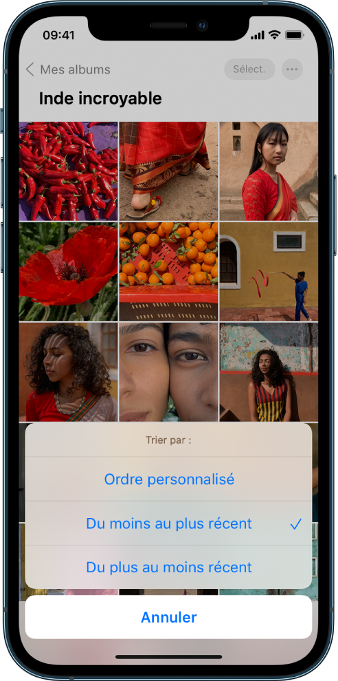 Un album photo est ouvert et l’écran est rempli de vignettes de photos. Les options de tri s’affichent dans la moitié inférieure de l’écran, accompagnées des options suivantes : « Ordre personnalisé », « Du moins au plus récent », « Du plus au moins récent », et Annuler. L’option « Du moins au plus récent » est sélectionnée.