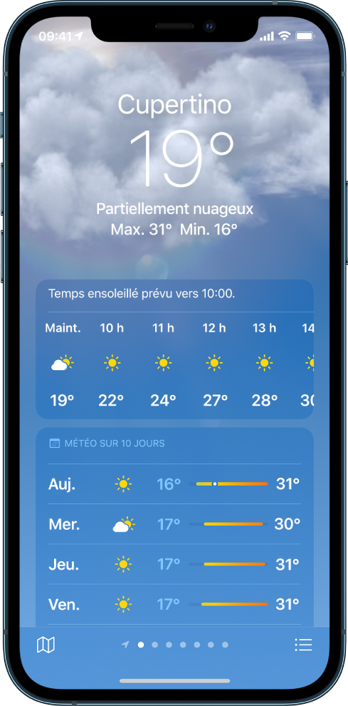 L’écran Météo affichant de haut en bas : le lieu, la température actuelle, les températures minimales et maximales du jour, les prévisions heure par heure ainsi que celles des dix prochains jours. Une rangée de points en bas au centre indique le nombre de lieux qui figurent dans la liste des lieux. Les boutons « Liste des lieux » et « Afficher le plan » se trouvent respectivement dans le coin inférieur droit et le coin inférieur gauche.