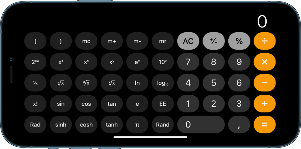 iPhone en orientation paysage affichant la calculette scientifique avec les fonctions exponentielles, logarithmiques et trigonométriques.