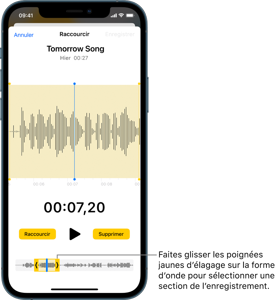 Un enregistrement en cours d’élagage, avec les poignées d’élagage jaunes encadrant une partie de la forme d’onde audio en bas de l’écran. Un bouton Lecture et la durée de l’enregistrement figurent au-dessus de la forme d’onde. Les poignées d’élagage apparaissent sous le bouton Lecture. Des deux côtés du bouton Lecture se trouvent le bouton Raccourcir, permettant de supprimer la partie de l’enregistrement en dehors des poignées, et le bouton Supprimer, permettant de supprimer la partie de l’enregistrement à l’intérieur des poignées.