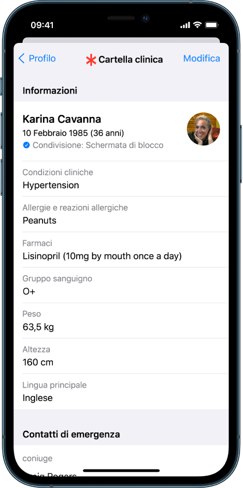 Una schermata di una cartella clinica che contiene informazioni come data di nascita, condizioni di salute e contatto di emergenza.