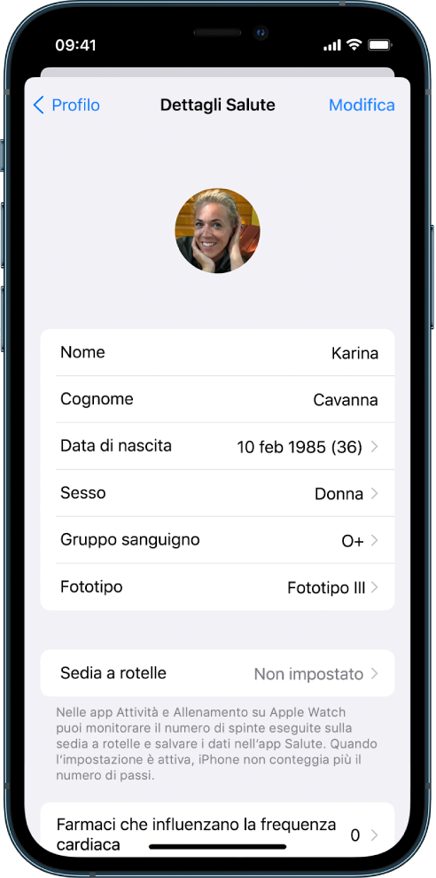 La schermata “Dettagli Salute” per una donna di 36 anni.