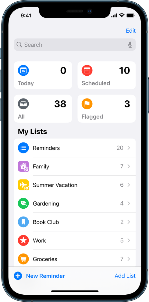 Reminders ရှိများစွာသောစာရင်းများကိုပြထားသည့် ဖန်သားပြင်တစ်ခု။ ယနေ့အချိန်စေ့မည့် သတိပေးချက်များ၊ အချိန်ဇယားဆွဲထားသည့် သတိပေးချက်များ၊ သတိပေးချက်အားလုံးနှင့် အလံတပ်ထားသည့် သတိပေးချက်များအတွက် Smart Lists ၏အပေါ်ထိပ်ဆုံးတွင် ရှာဖွေရန်နေရာလွတ်ပေါ်လာသည်။ Add List ခလုတ်သည် အောက်ခြေညာဘက်တွင်ဖြစ်သည်။