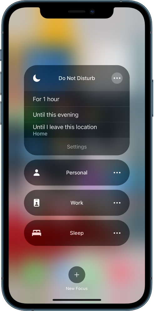 ထိုဖန်သားပြင်သည် Do Not Disturb ကိုမည်မျှကြာအောင် ဖွင့်ထားရမည်ကိုရွေးချယ်ရန်အတွက်ဖြစ်သည်—ရွေးစရာများမှာ “For 1 hour”၊ “Until this evening” နှင့် “Until I leave this location” တို့ဖြစ်သည်။