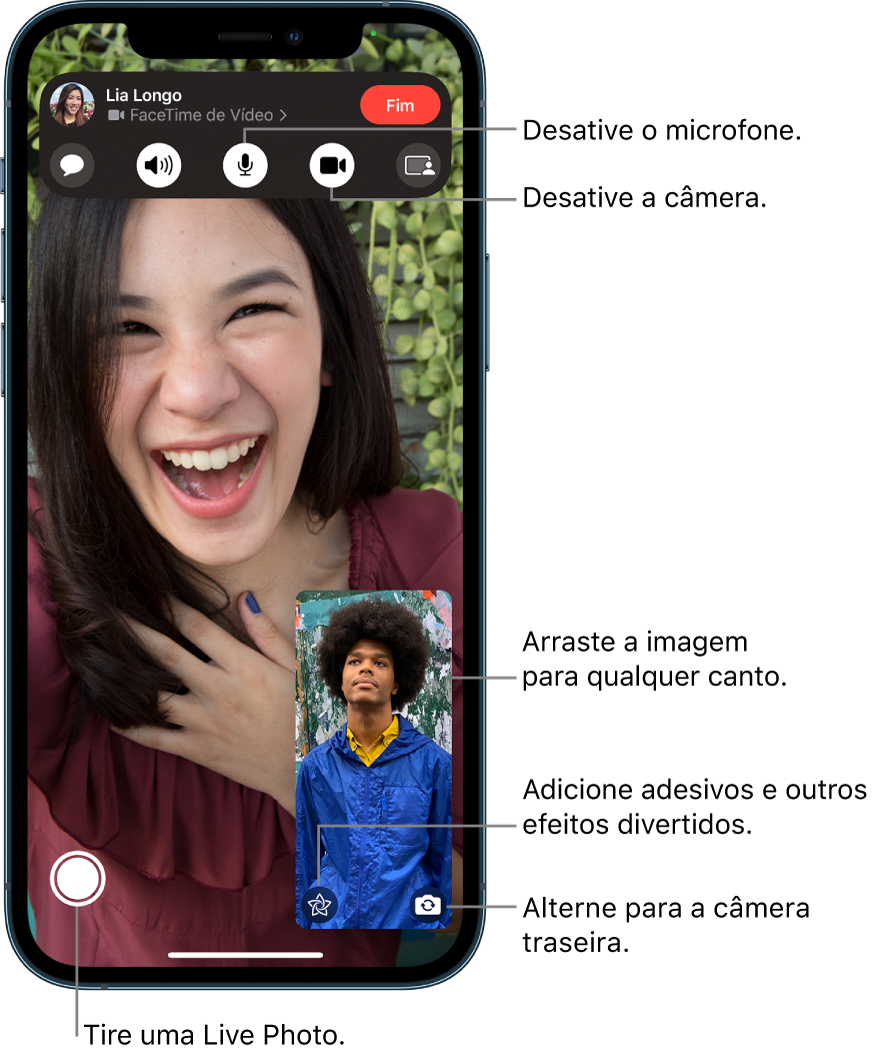 A tela do FaceTime mostrando uma ligação em andamento. A sua imagem aparece em um retângulo pequeno no canto inferior direito e a imagem da outra pessoa preenche o restante da tela. Ao longo da parte inferior da tela estão os botões Live Photo, Efeitos e Inverter Câmera. Os controles do FaceTime estão na parte superior da tela, incluindo Abrir Mensagens, Áudio, Mudo Desativado, Câmera Ativada e Compartilhar Conteúdo. Acima dos controles estão o nome ou ID Apple da pessoa com quem você está conversando e o botão Sair da Ligação.