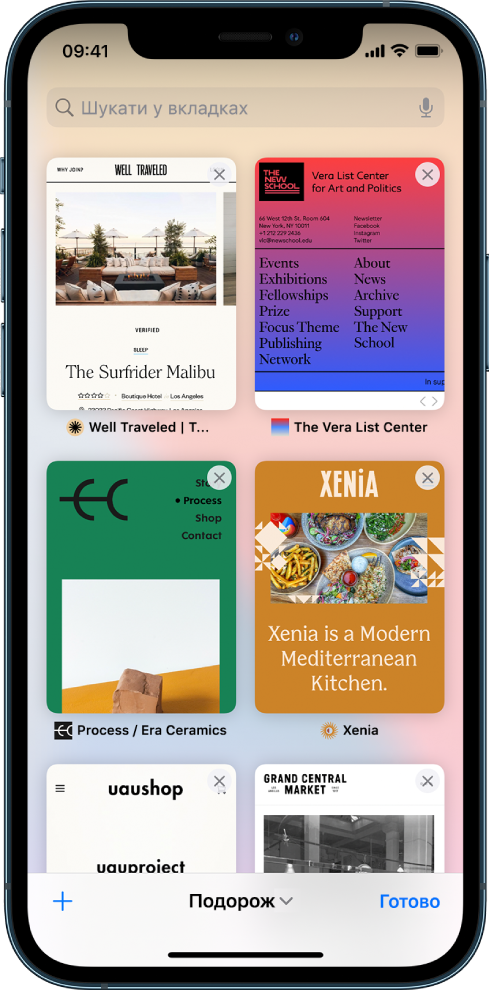 На екрані видно попередні перегляди відкритих вкладок. На панелі внизу екрана зліва направо розташовані кнопка «Нова вкладка», заголовок «Група вкладок», спрямована вниз стрілка, що вказує на інші Групи вкладок, і кнопка «Готово».