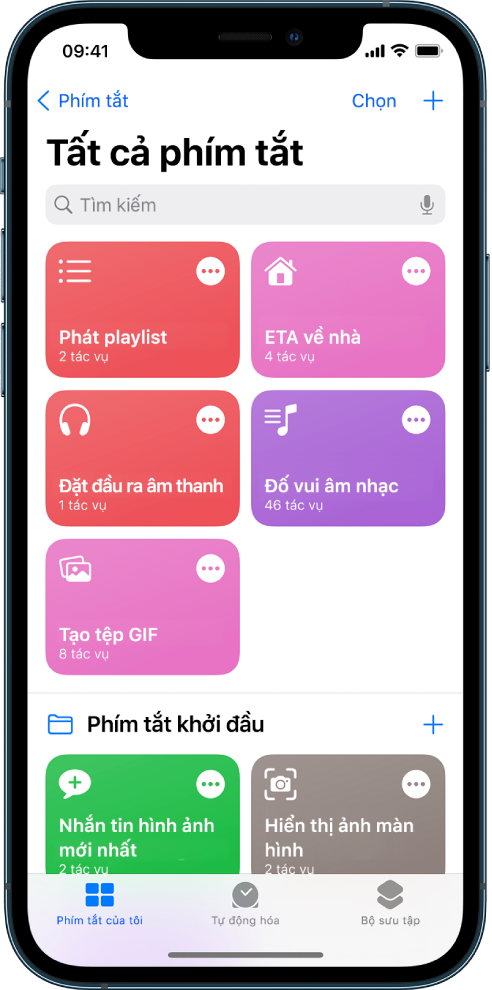 Tab Phím tắt của tôi. Một danh sách các phím tắt để hoàn thành các công việc hàng ngày như đặt hẹn giờ uống trà và tìm nhà hàng sushi. Ở dưới cùng là các tab Tự động hóa và Bộ sưu tập.