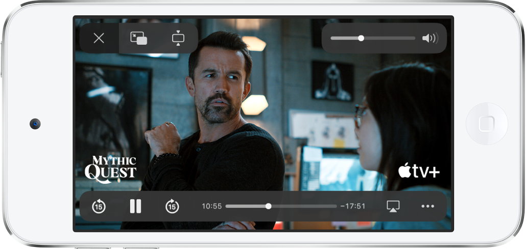 فيلم قيد التشغيل، وتظهر به عناصر التحكم. الأزرار إغلاق وصورة داخل الصورة وتكبير أعلى اليمين. يوجد شريط تمرير مستوى الصوت في أعلى اليمين. وفي أسفل اليسار، يوجد أزرار للتخطي ١٥ ثانية للخلف، والإيقاف المؤقت، والتخطي ١٥ ثانية للأمام. يوجد شريط تمرير على امتداد منتصف الجزء السفلي، يمكنك سحبه لضبط موضع الفيديو، ويظهر الوقت المنقضي والوقت المتبقي، كل منهما على أحد طرفي شريط التمرير. في أسفل اليسار، توجد أزرار لتغيير وجهة الفيديو وإظهار المزيد من عناصر التحكم.