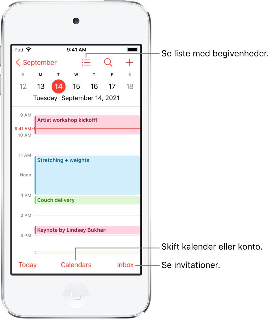 En kalender i dagsoversigt med dagens begivenheder. Med knappen Kalendere nederst på skærmen kan du ændre kalenderkonti. Med knappen Indbakke nederst til højre kan du se invitationer.