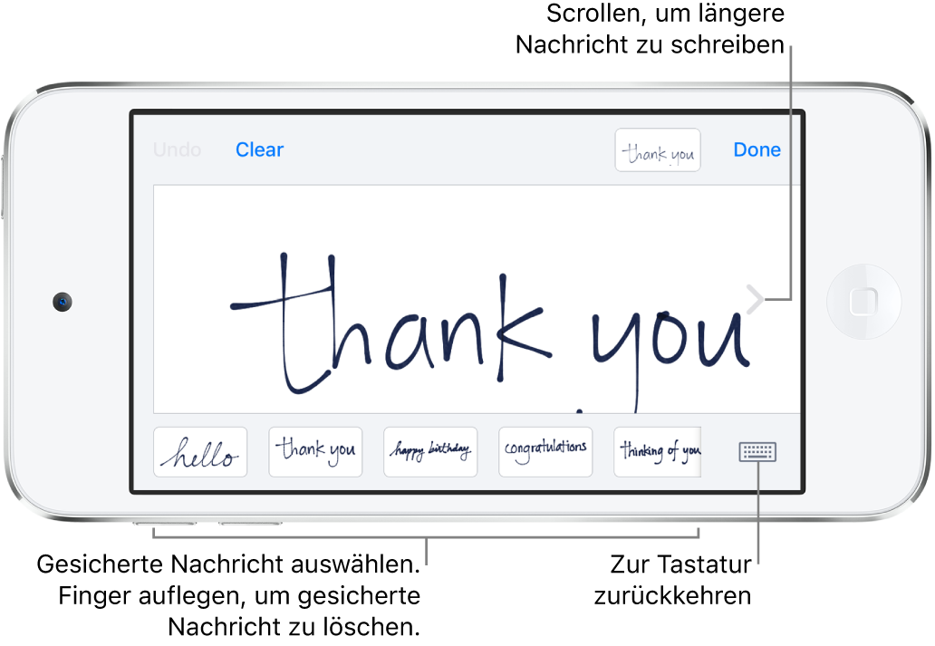 Der Handschriftbildschirm mit einer handschriftlichen Nachricht. Unten befinden sich von links nach rechts die gesicherten Nachrichten und die Taste „Tastatur anzeigen“.