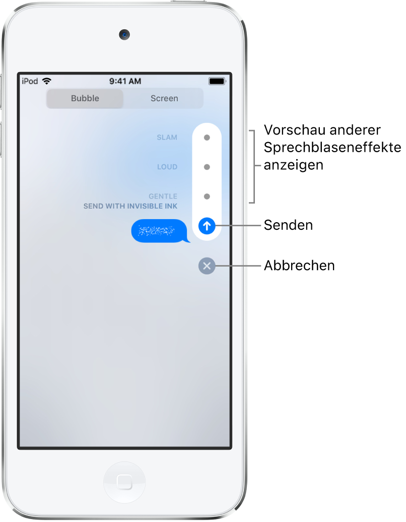 Die Vorschau einer Nachricht mit dem Effekt „Unsichtbare Tinte“. Tippe rechts auf ein Steuerelement, um die anderen Sprechblaseneffekte anzuzeigen. Tippe zum Senden erneut auf das gleiche Element oder tippe auf „Abbrechen“ unten, um zur Nachricht zurückzukehren.