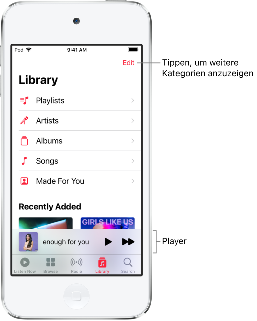 Der Bildschirm „Mediathek“ mit einer Liste der Kategorien „Playlists“, „Künstler:in“, „Alben“ und „Musiktitel“. Die Überschrift „Zuletzt hinzugefügt“ wird unter der Liste angezeigt. Der Player mit dem Titel des aktuellen Musiktitels und den Tasten „Wiedergabe“ und „Nächster Titel“ unten.