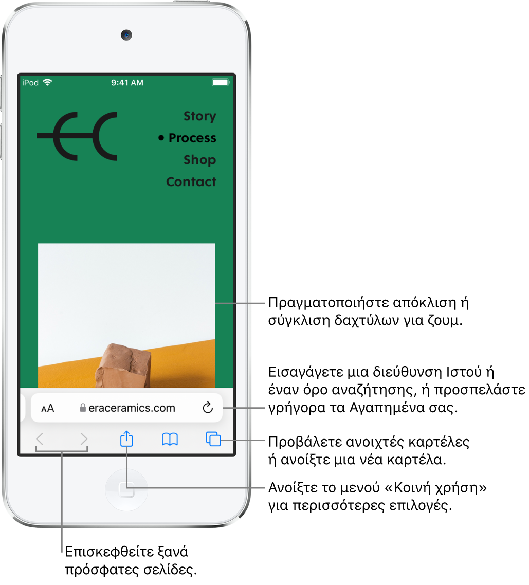 Ένας ιστότοπος ανοιχτός στο Safari, με το πεδίο διεύθυνσης στο κάτω μέρος. Στο κάτω μέρος, από αριστερά προς δεξιά, βρίσκονται τα κουμπιά «Πίσω», «Εμπρός», «Κοινή χρήση», «Σελιδοδείκτες» και «Καρτέλες».